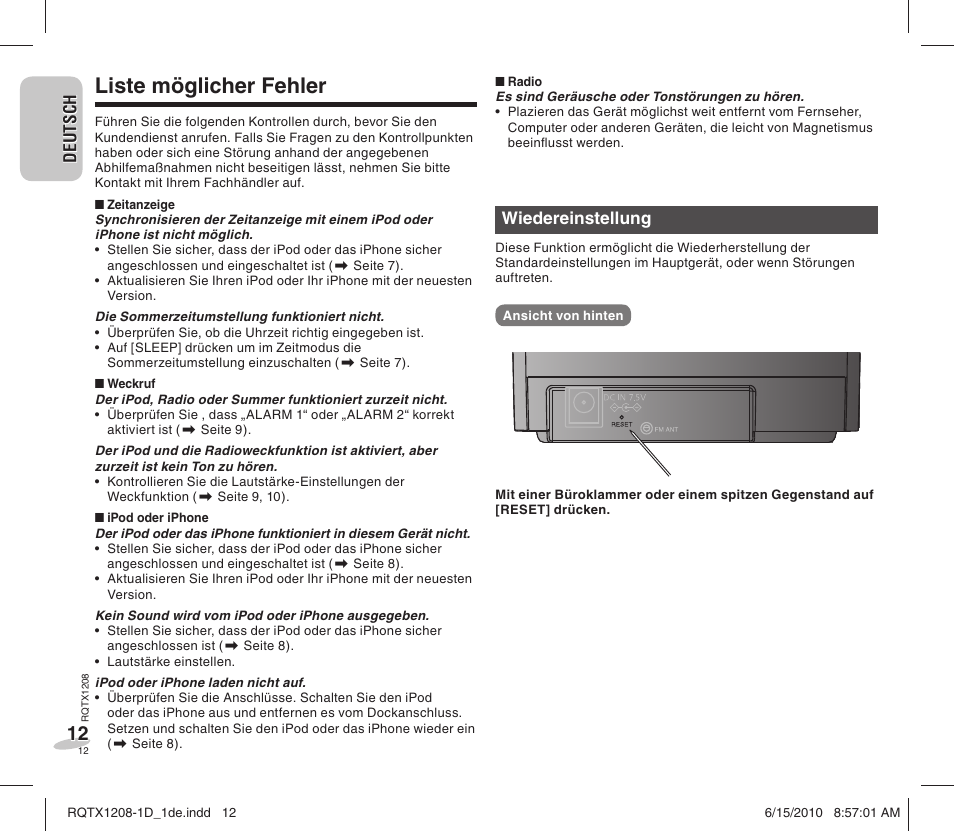 Liste möglicher fehler | Panasonic RCDC1EG User Manual | Page 12 / 76