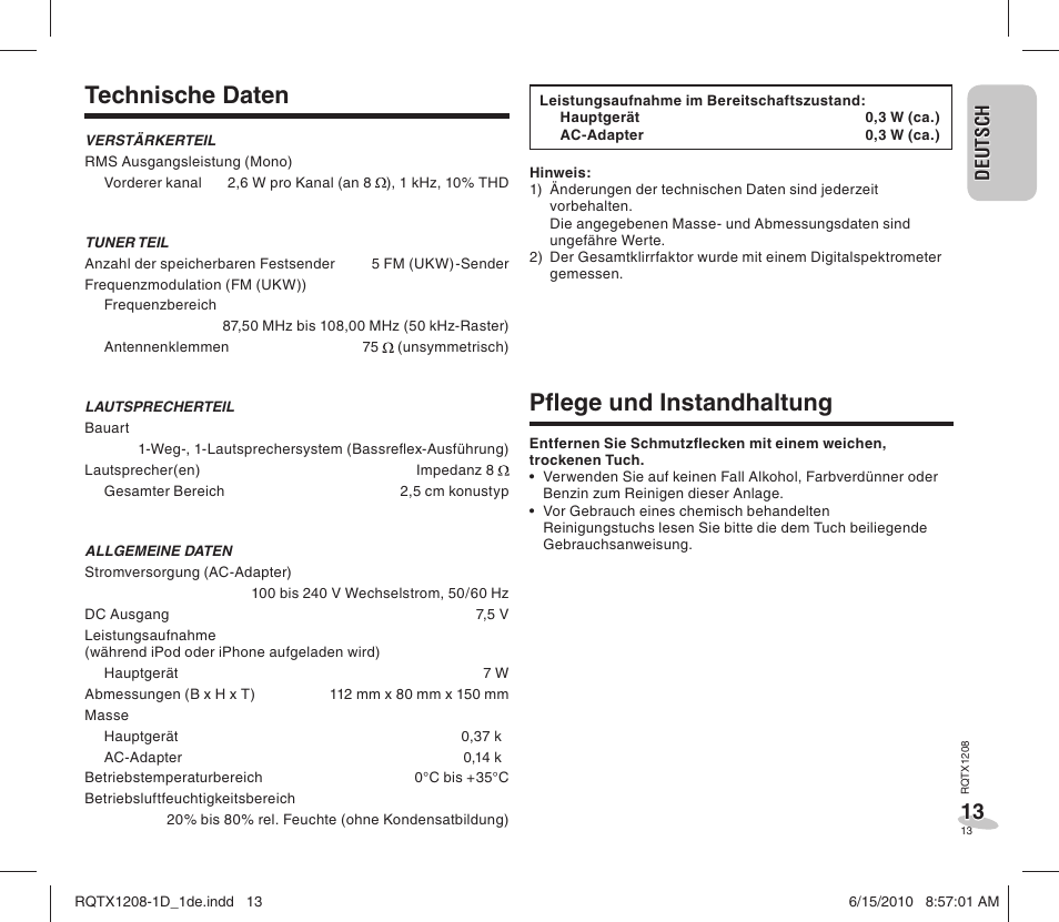 Technische daten, Pfl ege und instandhaltung | Panasonic RCDC1EG User Manual | Page 13 / 76