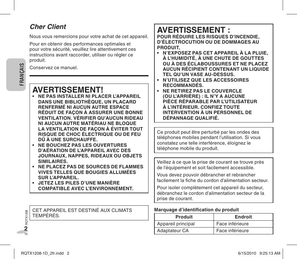 Avertissement, Cher client | Panasonic RCDC1EG User Manual | Page 14 / 76