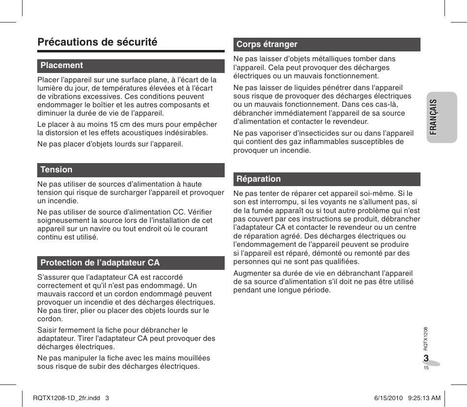 Précautions de sécurité | Panasonic RCDC1EG User Manual | Page 15 / 76