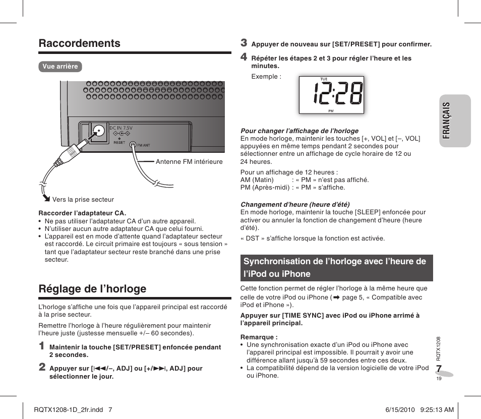Raccordements, Réglage de l’horloge | Panasonic RCDC1EG User Manual | Page 19 / 76