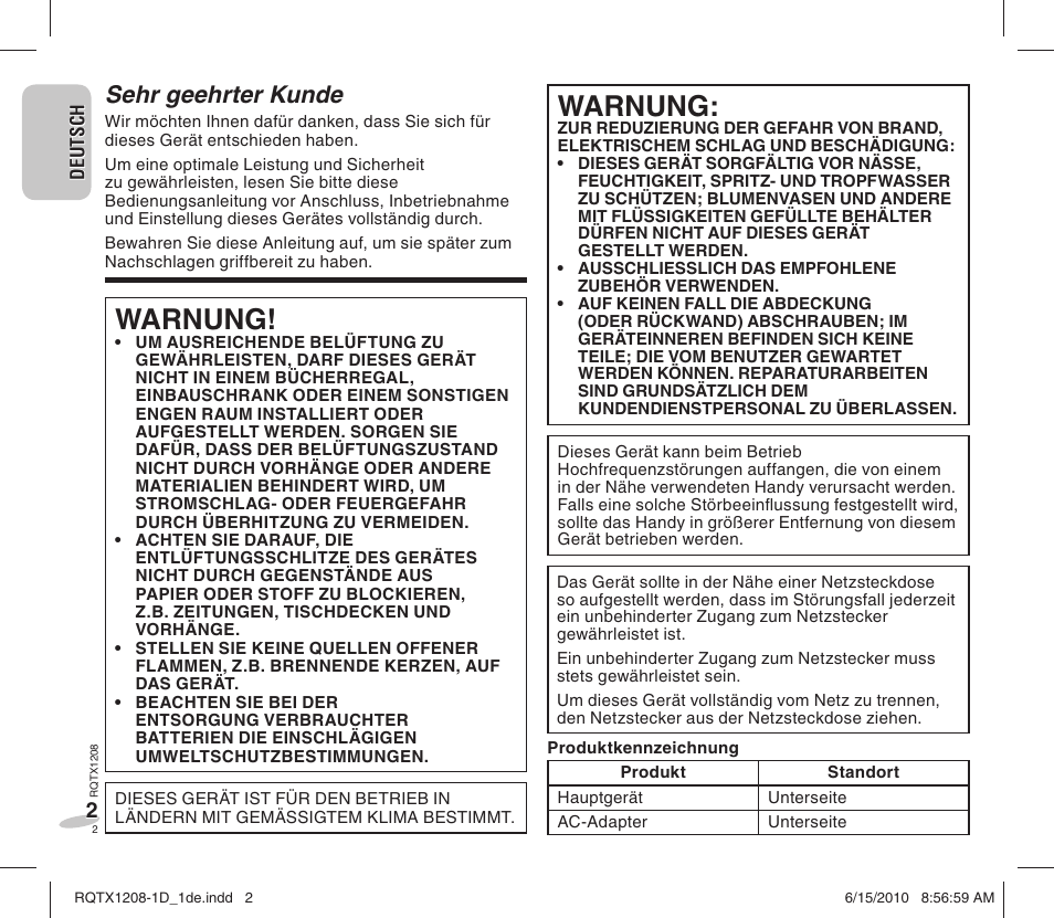 Warnung, Sehr geehrter kunde | Panasonic RCDC1EG User Manual | Page 2 / 76