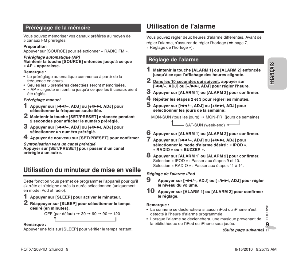 Utilisation de l’alarme, Utilisation du minuteur de mise en veille | Panasonic RCDC1EG User Manual | Page 21 / 76