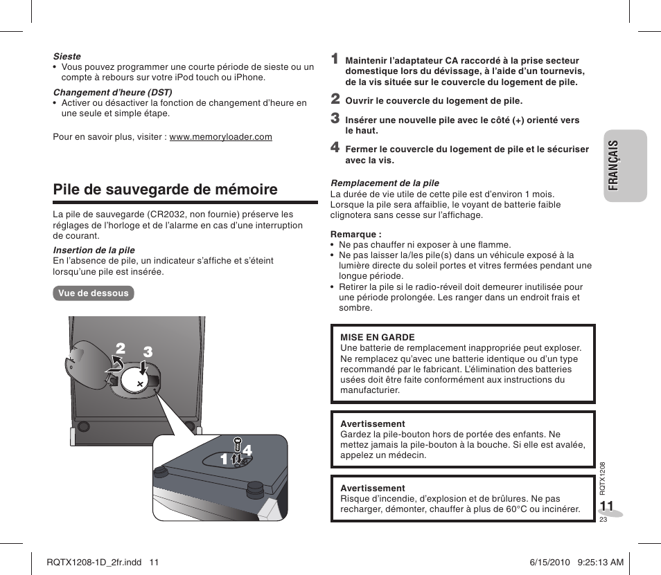 Pile de sauvegarde de mémoire | Panasonic RCDC1EG User Manual | Page 23 / 76