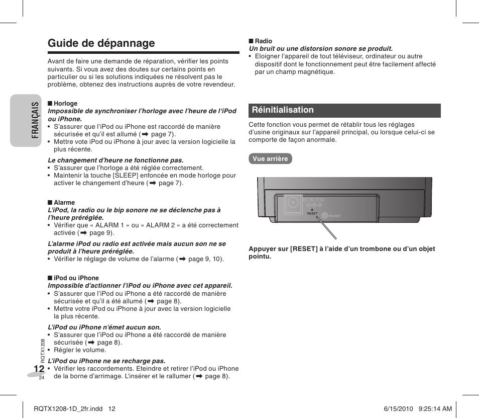 Guide de dépannage | Panasonic RCDC1EG User Manual | Page 24 / 76