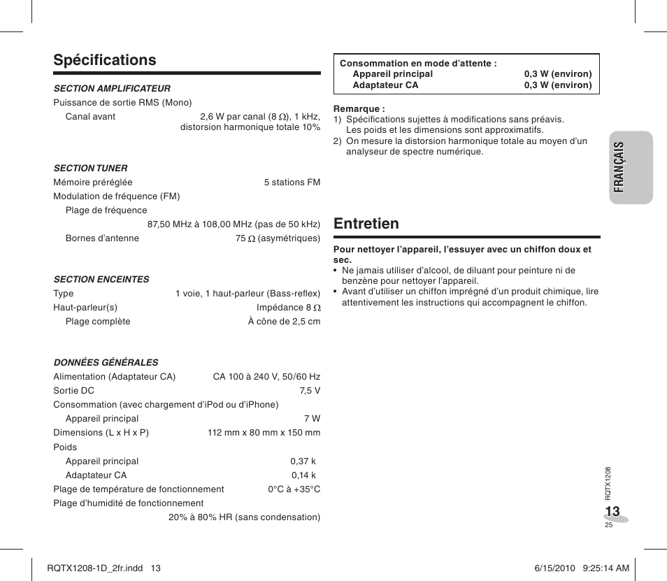 Spécifi cations, Entretien | Panasonic RCDC1EG User Manual | Page 25 / 76