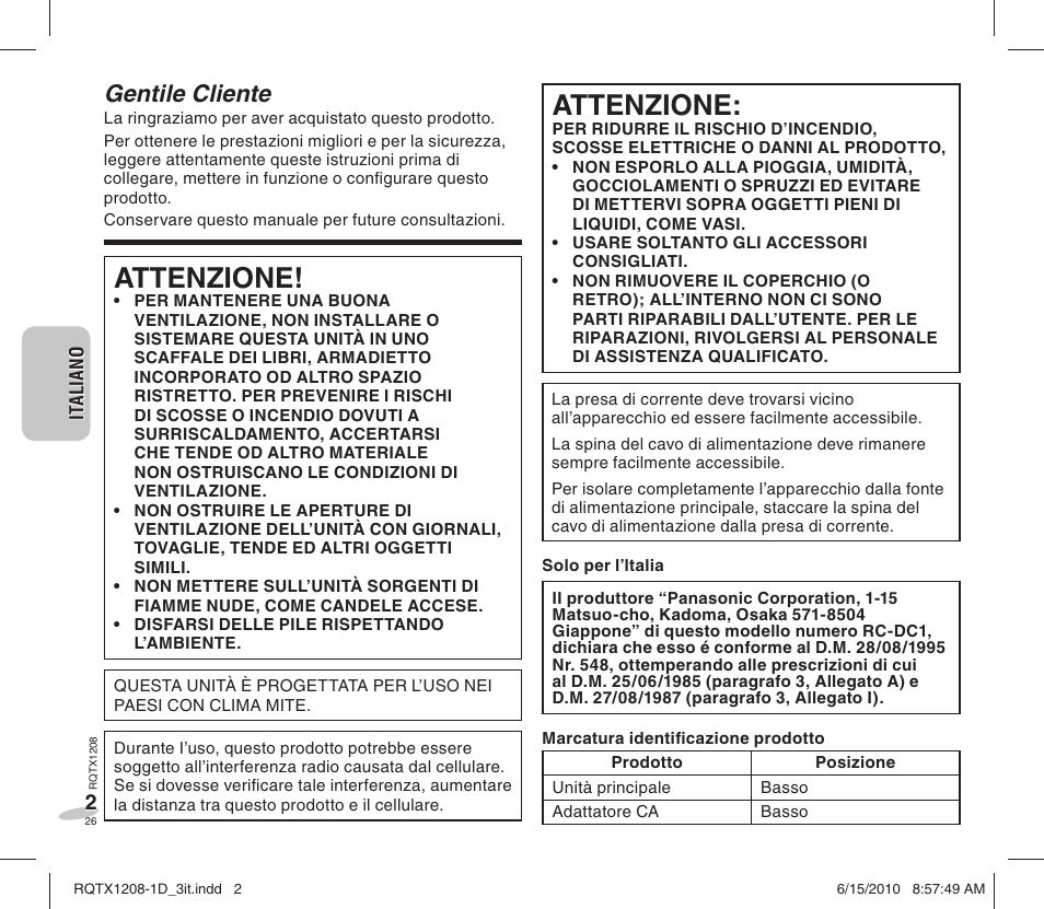 Attenzione, Gentile cliente | Panasonic RCDC1EG User Manual | Page 26 / 76