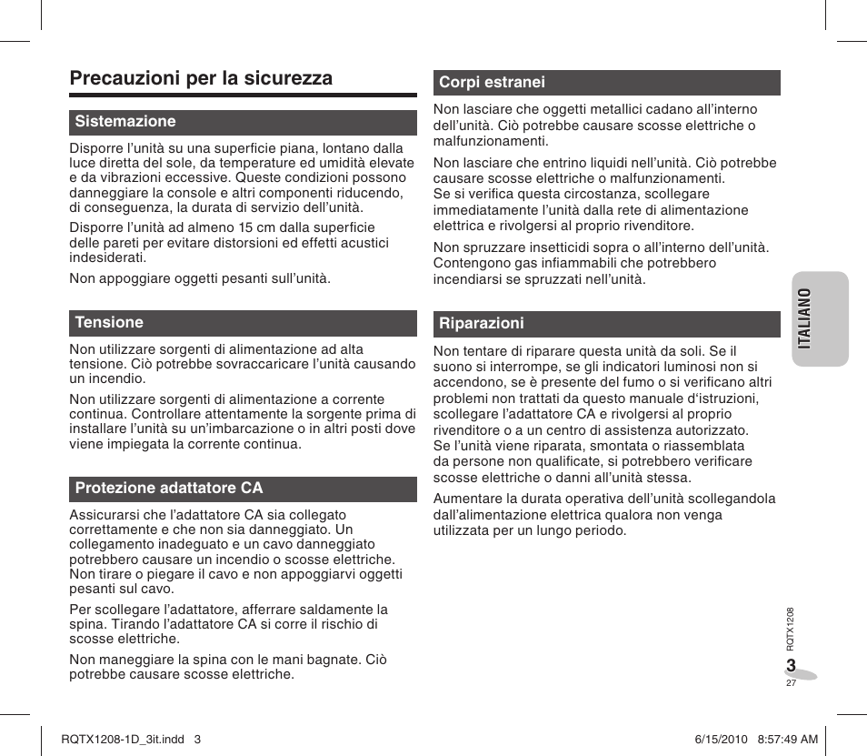 Precauzioni per la sicurezza | Panasonic RCDC1EG User Manual | Page 27 / 76