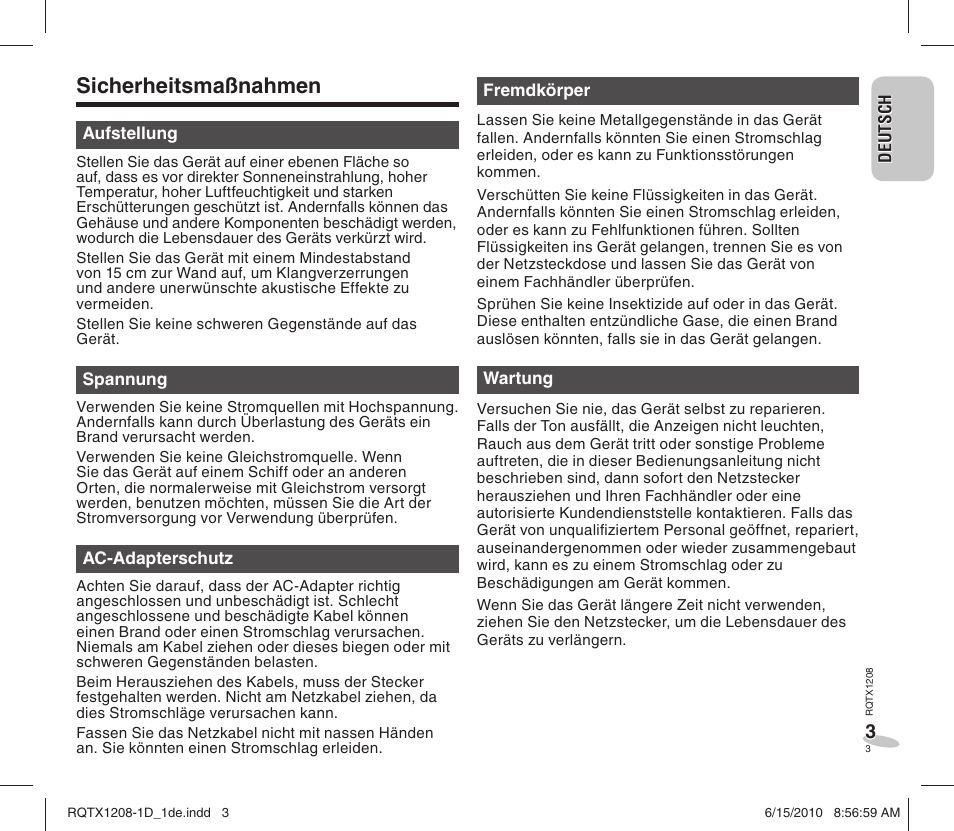 Sicherheitsmaßnahmen | Panasonic RCDC1EG User Manual | Page 3 / 76