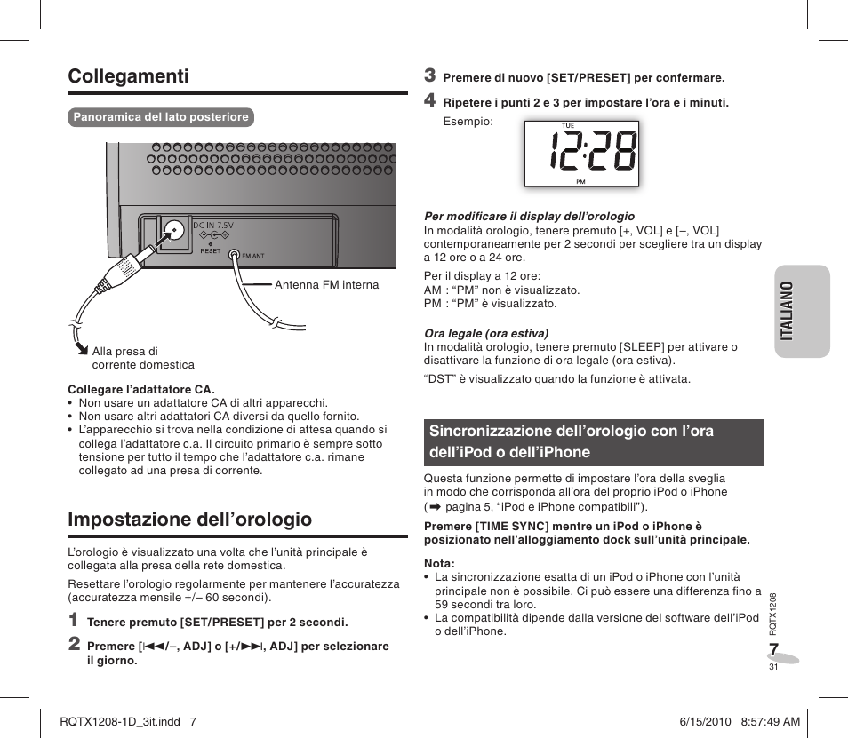 Collegamenti, Impostazione dell’orologio | Panasonic RCDC1EG User Manual | Page 31 / 76