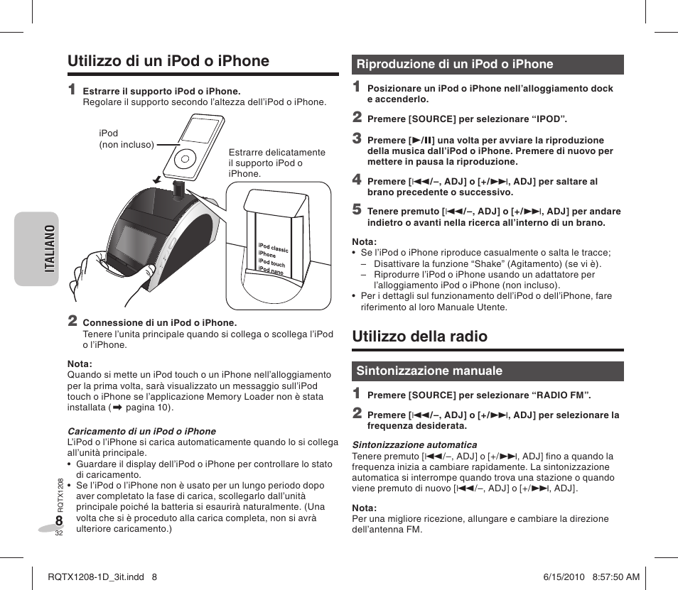 Utilizzo della radio, Utilizzo di un ipod o iphone 1 | Panasonic RCDC1EG User Manual | Page 32 / 76