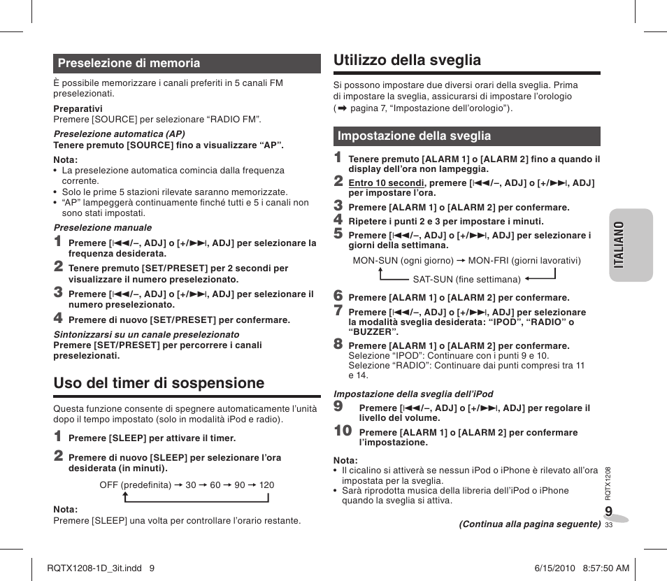 Utilizzo della sveglia, Uso del timer di sospensione | Panasonic RCDC1EG User Manual | Page 33 / 76