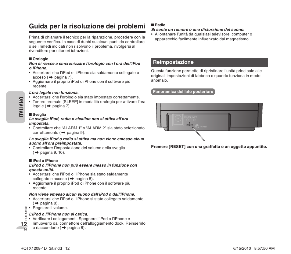 Guida per la risoluzione dei problemi | Panasonic RCDC1EG User Manual | Page 36 / 76