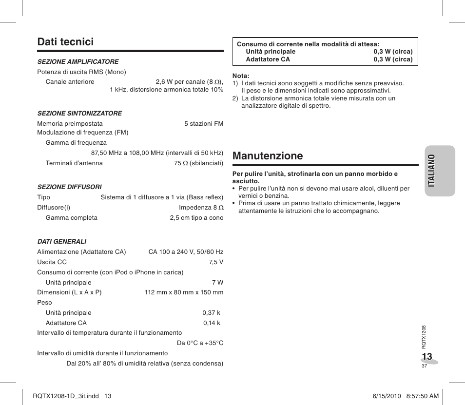 Dati tecnici, Manutenzione | Panasonic RCDC1EG User Manual | Page 37 / 76