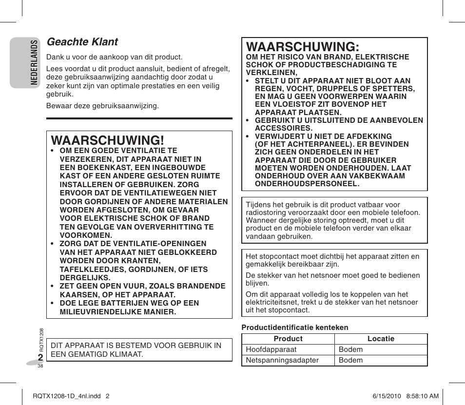 Waarschuwing, Geachte klant | Panasonic RCDC1EG User Manual | Page 38 / 76