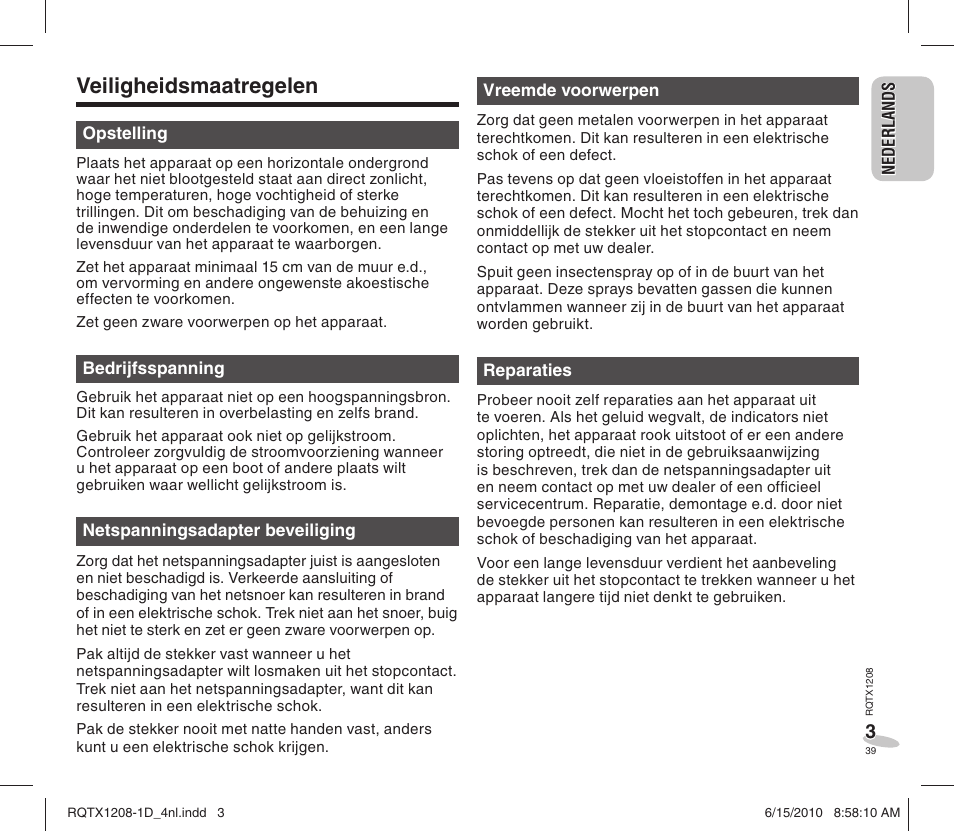 Veiligheidsmaatregelen | Panasonic RCDC1EG User Manual | Page 39 / 76