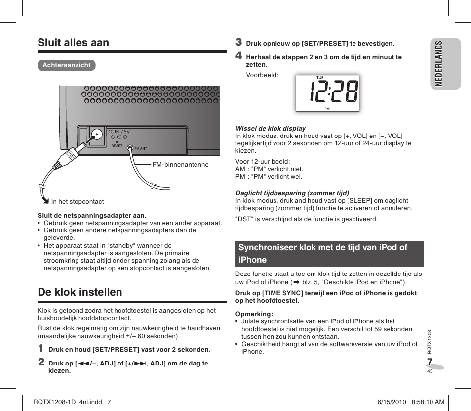 Sluit alles aan, De klok instellen | Panasonic RCDC1EG User Manual | Page 43 / 76