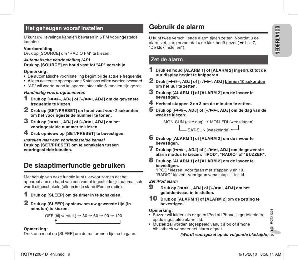 Gebruik de alarm, De slaaptimerfunctie gebruiken | Panasonic RCDC1EG User Manual | Page 45 / 76