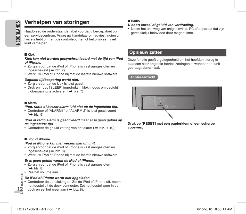 Verhelpen van storingen | Panasonic RCDC1EG User Manual | Page 48 / 76