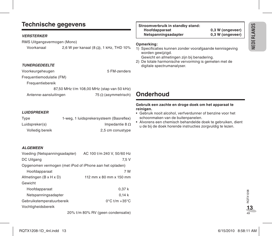 Technische gegevens, Onderhoud | Panasonic RCDC1EG User Manual | Page 49 / 76