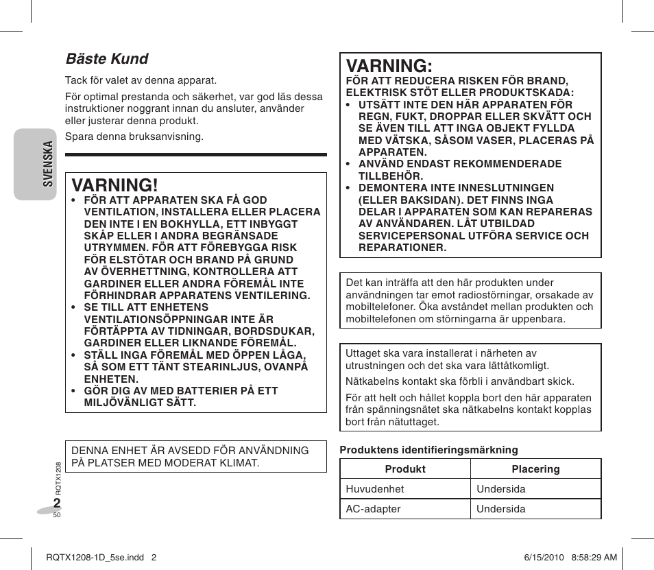 Varning, Bäste kund | Panasonic RCDC1EG User Manual | Page 50 / 76