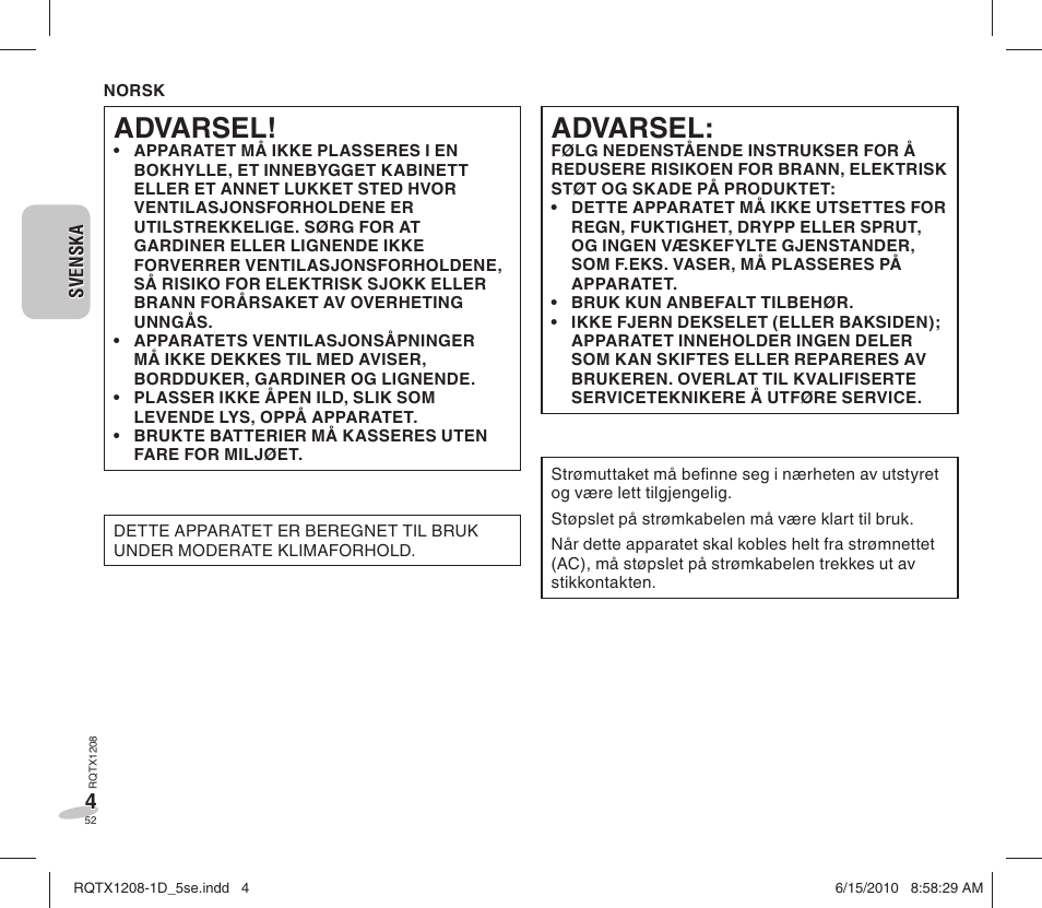 Advarsel | Panasonic RCDC1EG User Manual | Page 52 / 76