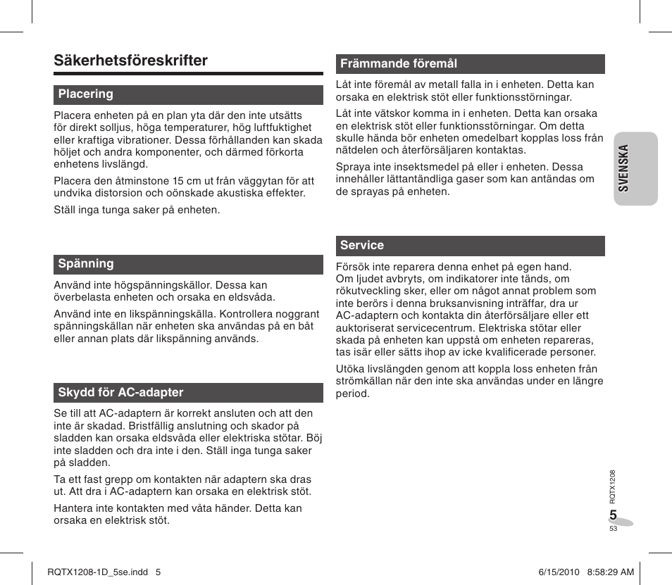 Säkerhetsföreskrifter | Panasonic RCDC1EG User Manual | Page 53 / 76