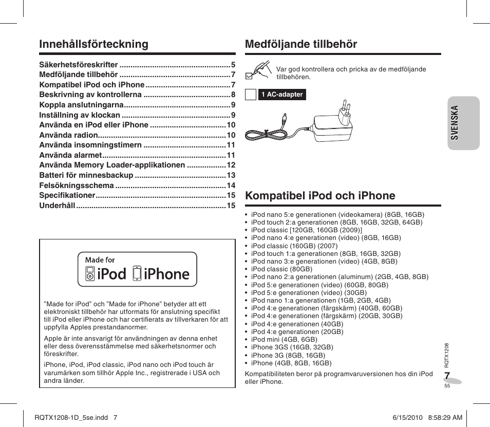 Medföljande tillbehör, Kompatibel ipod och iphone, Innehållsförteckning | Panasonic RCDC1EG User Manual | Page 55 / 76