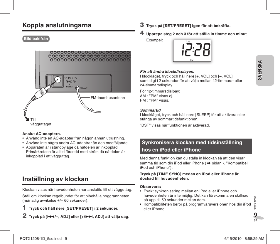 Koppla anslutningarna, Inställning av klockan | Panasonic RCDC1EG User Manual | Page 57 / 76