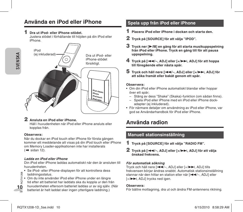 Använda radion, Använda en ipod eller iphone 1 | Panasonic RCDC1EG User Manual | Page 58 / 76