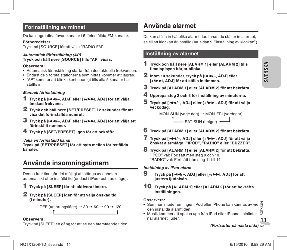 Använda alarmet, Använda insomningstimern | Panasonic RCDC1EG User Manual | Page 59 / 76