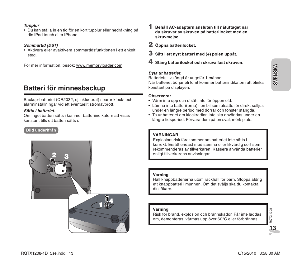 Batteri för minnesbackup | Panasonic RCDC1EG User Manual | Page 61 / 76