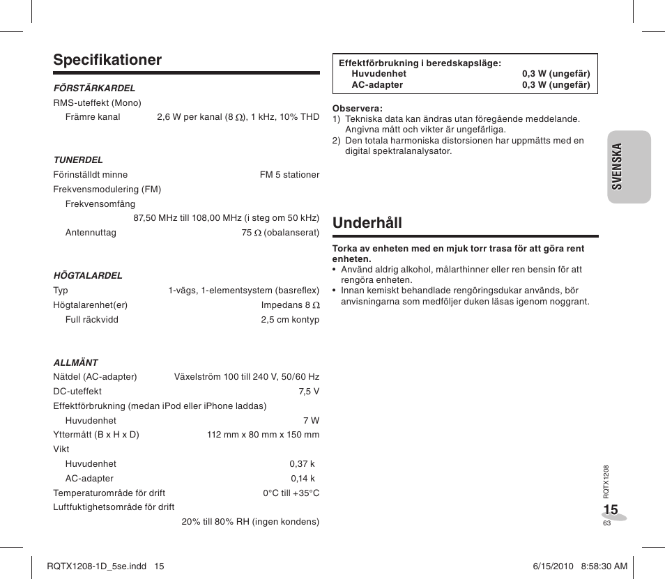 Specifi kationer, Underhåll | Panasonic RCDC1EG User Manual | Page 63 / 76