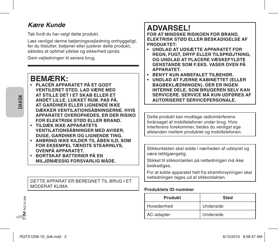 Bemærk, Advarsel, Kære kunde | Panasonic RCDC1EG User Manual | Page 64 / 76