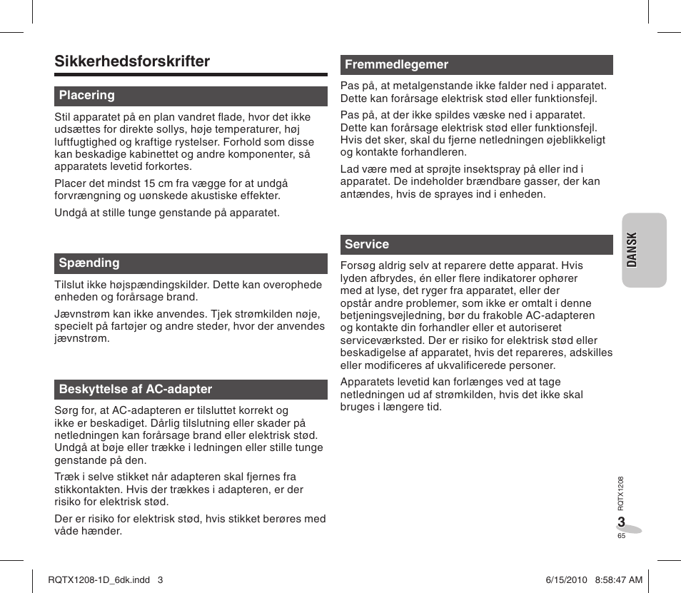 Sikkerhedsforskrifter | Panasonic RCDC1EG User Manual | Page 65 / 76