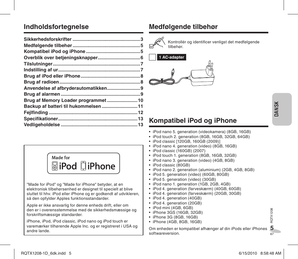 Medfølgende tilbehør, Kompatibel ipod og iphone, Indholdsfortegnelse | Panasonic RCDC1EG User Manual | Page 67 / 76