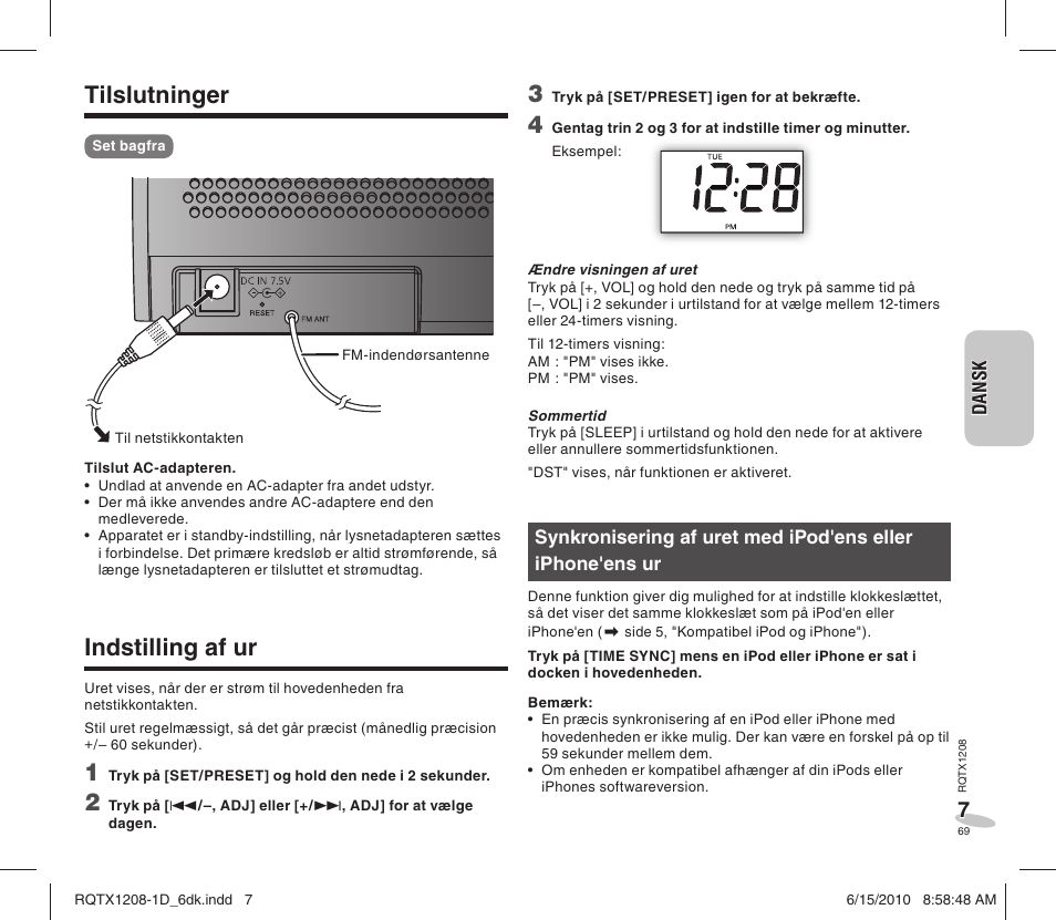 Tilslutninger, Indstilling af ur | Panasonic RCDC1EG User Manual | Page 69 / 76