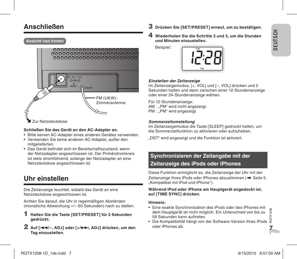 Anschließen, Uhr einstellen | Panasonic RCDC1EG User Manual | Page 7 / 76