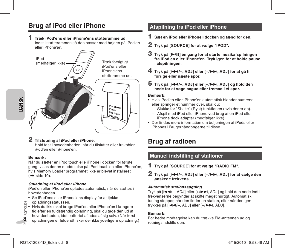 Brug af radioen, Brug af ipod eller iphone 1 | Panasonic RCDC1EG User Manual | Page 70 / 76