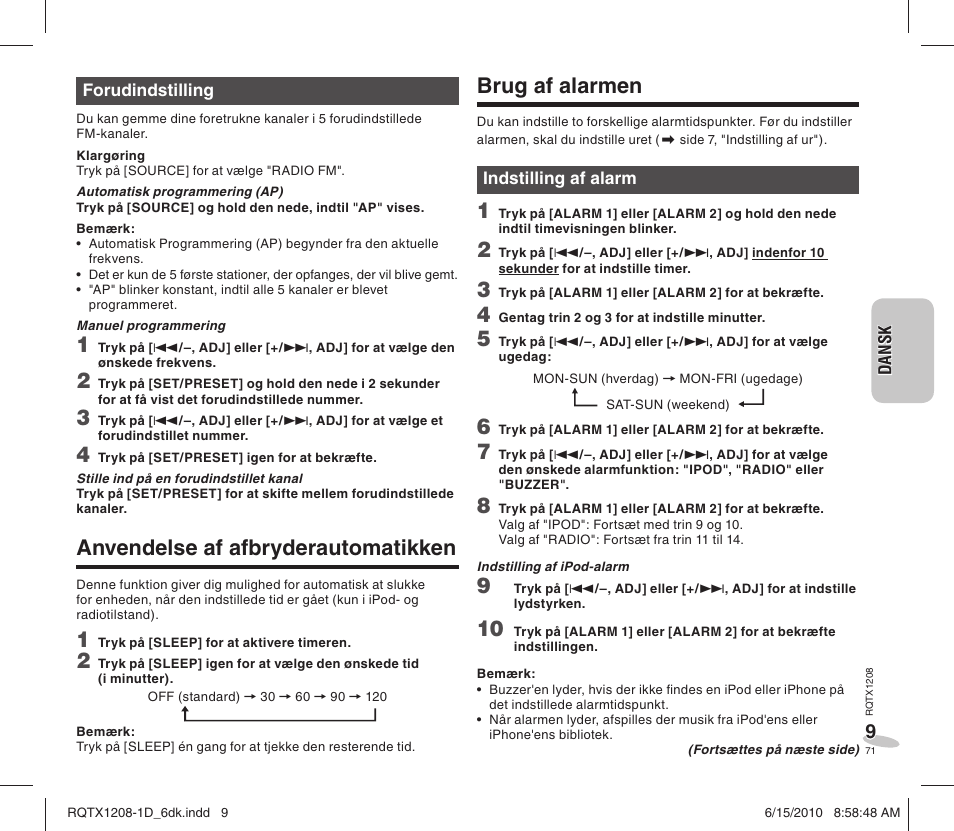 Brug af alarmen, Anvendelse af afbryderautomatikken | Panasonic RCDC1EG User Manual | Page 71 / 76