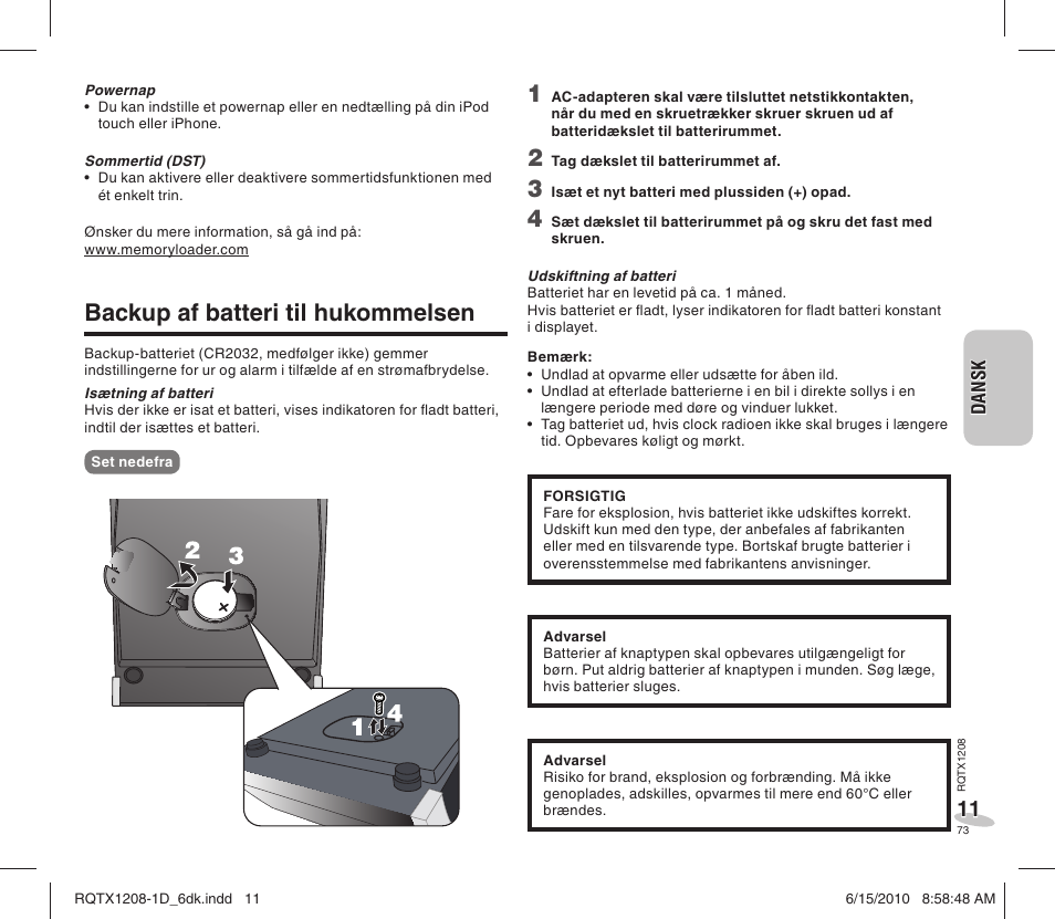 Backup af batteri til hukommelsen | Panasonic RCDC1EG User Manual | Page 73 / 76