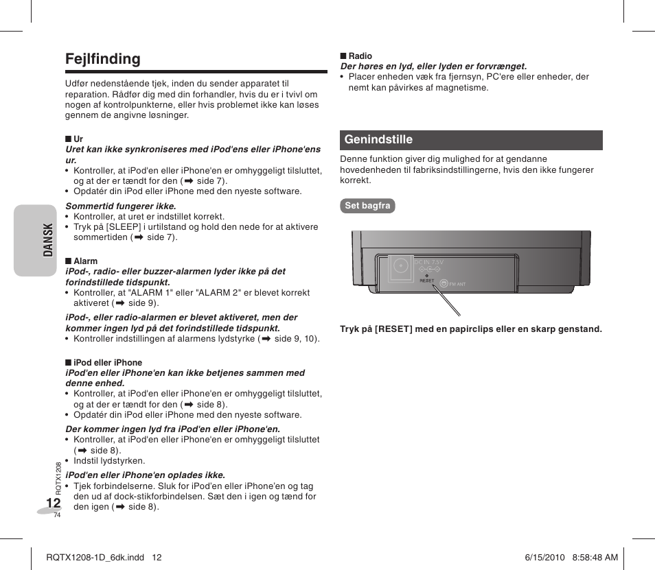 Fejlfi nding | Panasonic RCDC1EG User Manual | Page 74 / 76