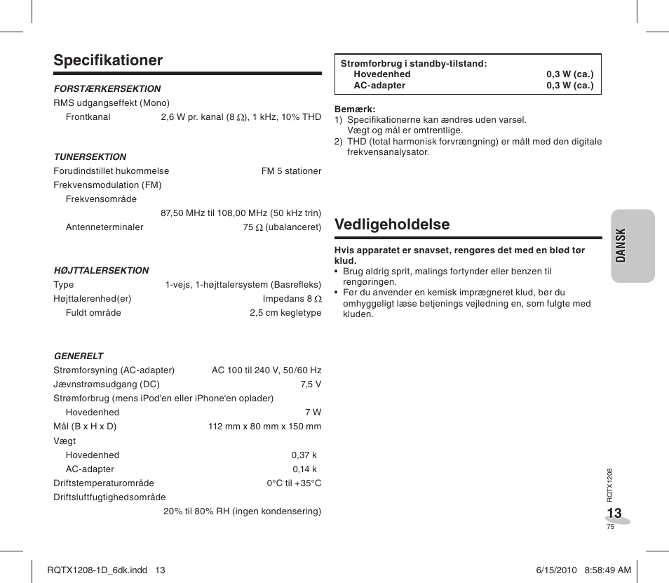 Specifi kationer, Vedligeholdelse | Panasonic RCDC1EG User Manual | Page 75 / 76