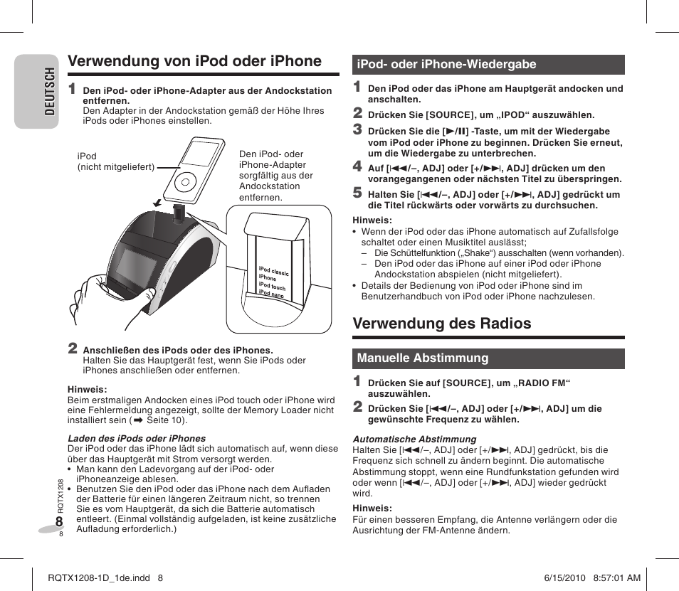 Verwendung des radios, Verwendung von ipod oder iphone 1 | Panasonic RCDC1EG User Manual | Page 8 / 76