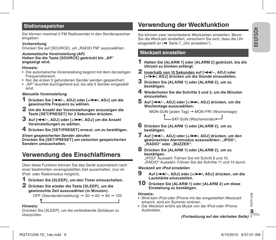 Verwendung der weckfunktion, Verwendung des einschlaftimers | Panasonic RCDC1EG User Manual | Page 9 / 76