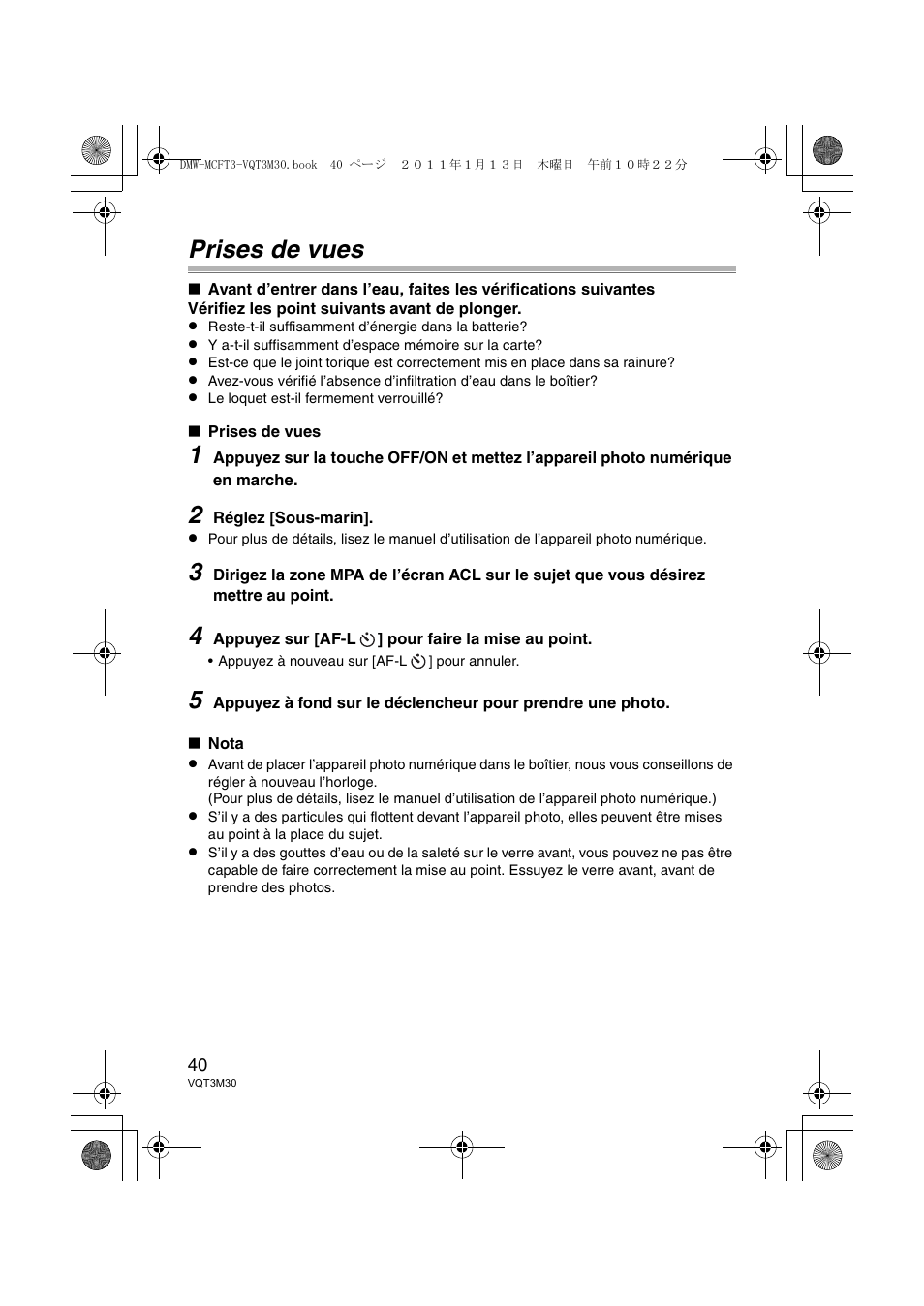 Prises de vues | Panasonic DMWMCFT3E User Manual | Page 40 / 184