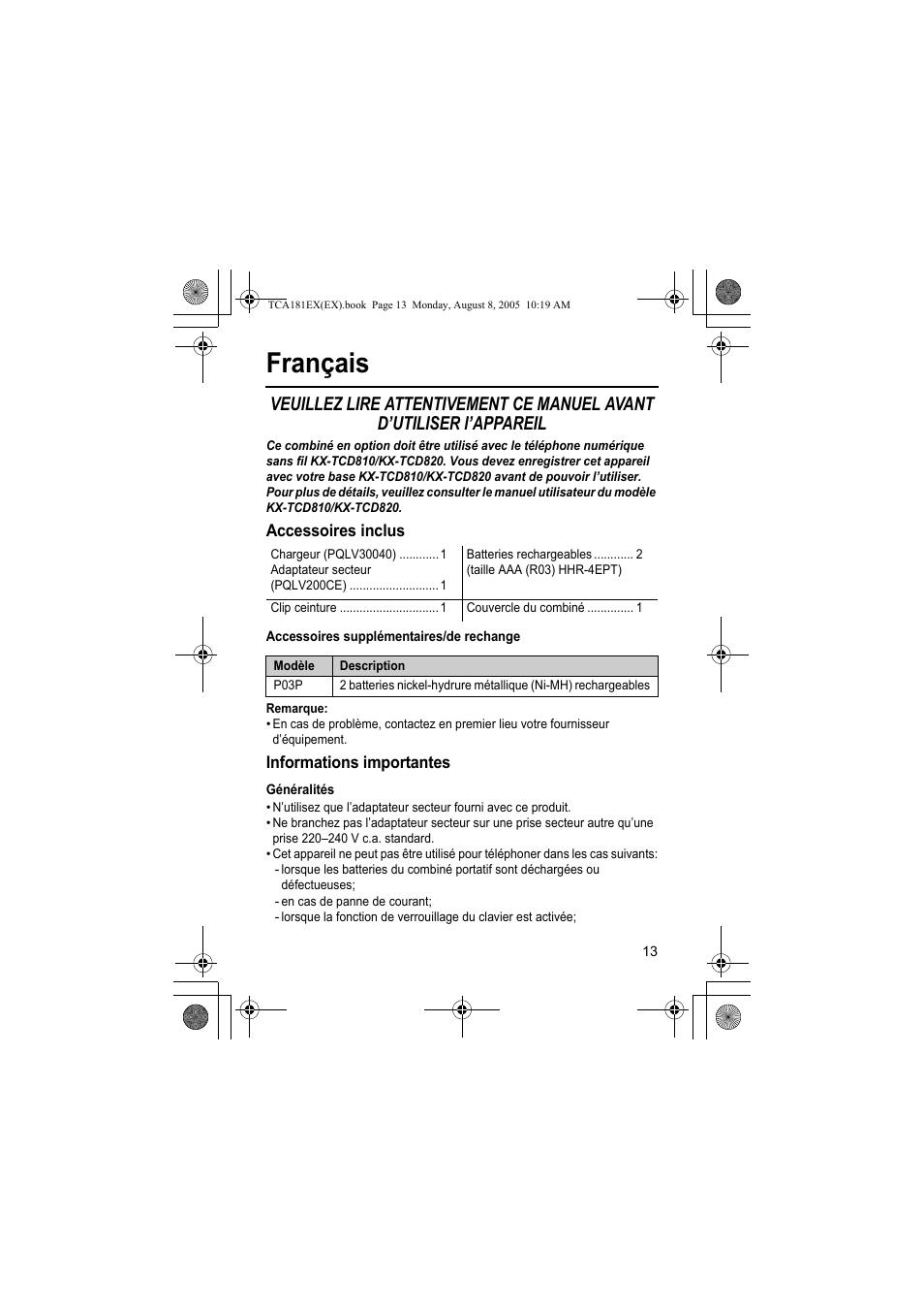 Français | Panasonic KXTCA181EX User Manual | Page 13 / 72