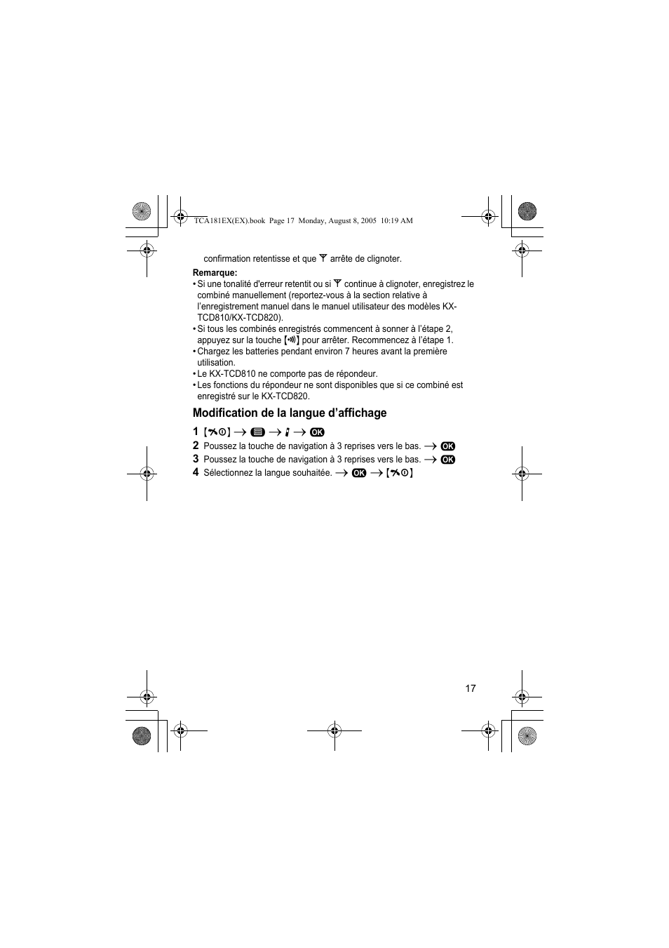 Modification de la langue d’affichage | Panasonic KXTCA181EX User Manual | Page 17 / 72