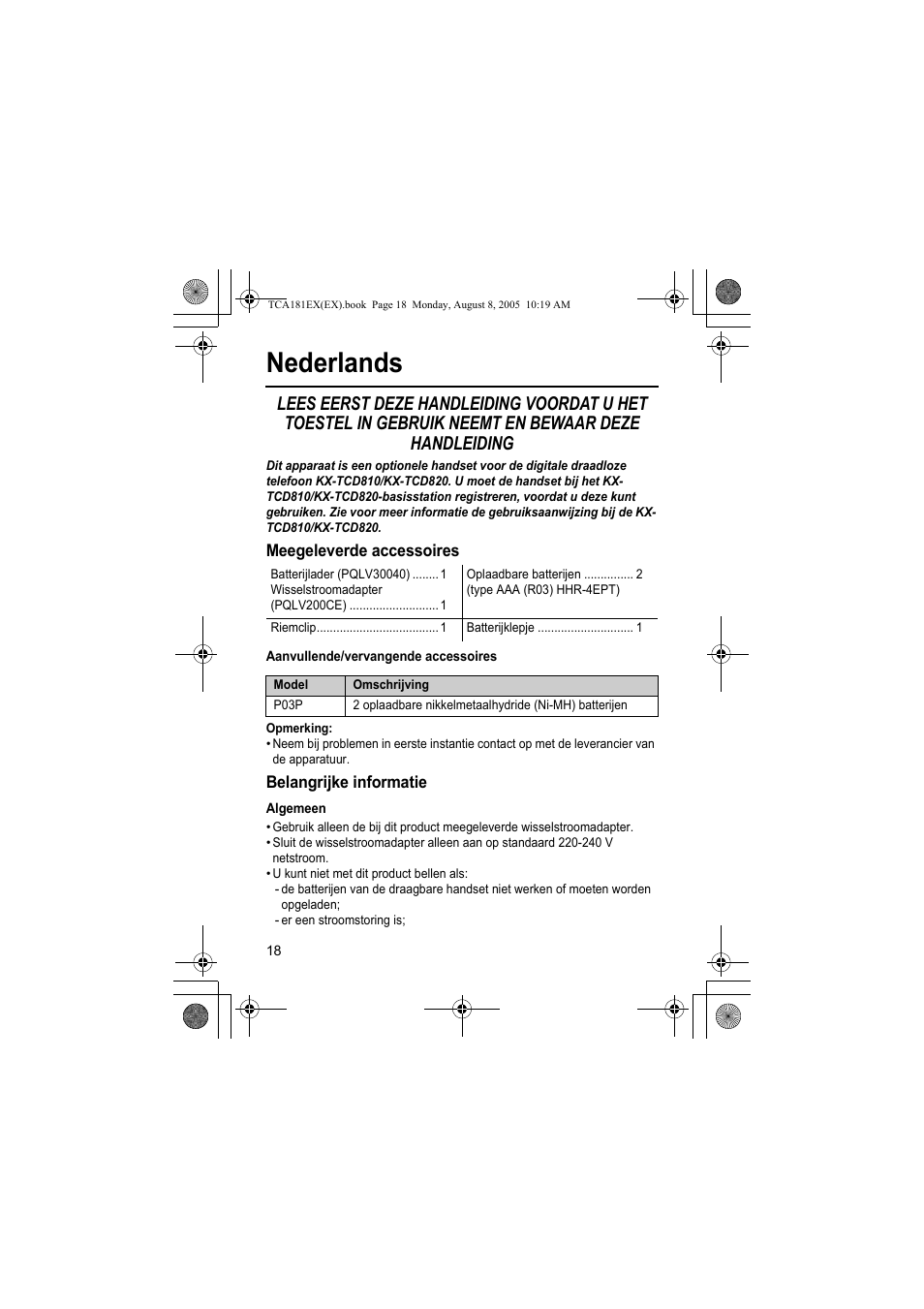 Nederlands | Panasonic KXTCA181EX User Manual | Page 18 / 72