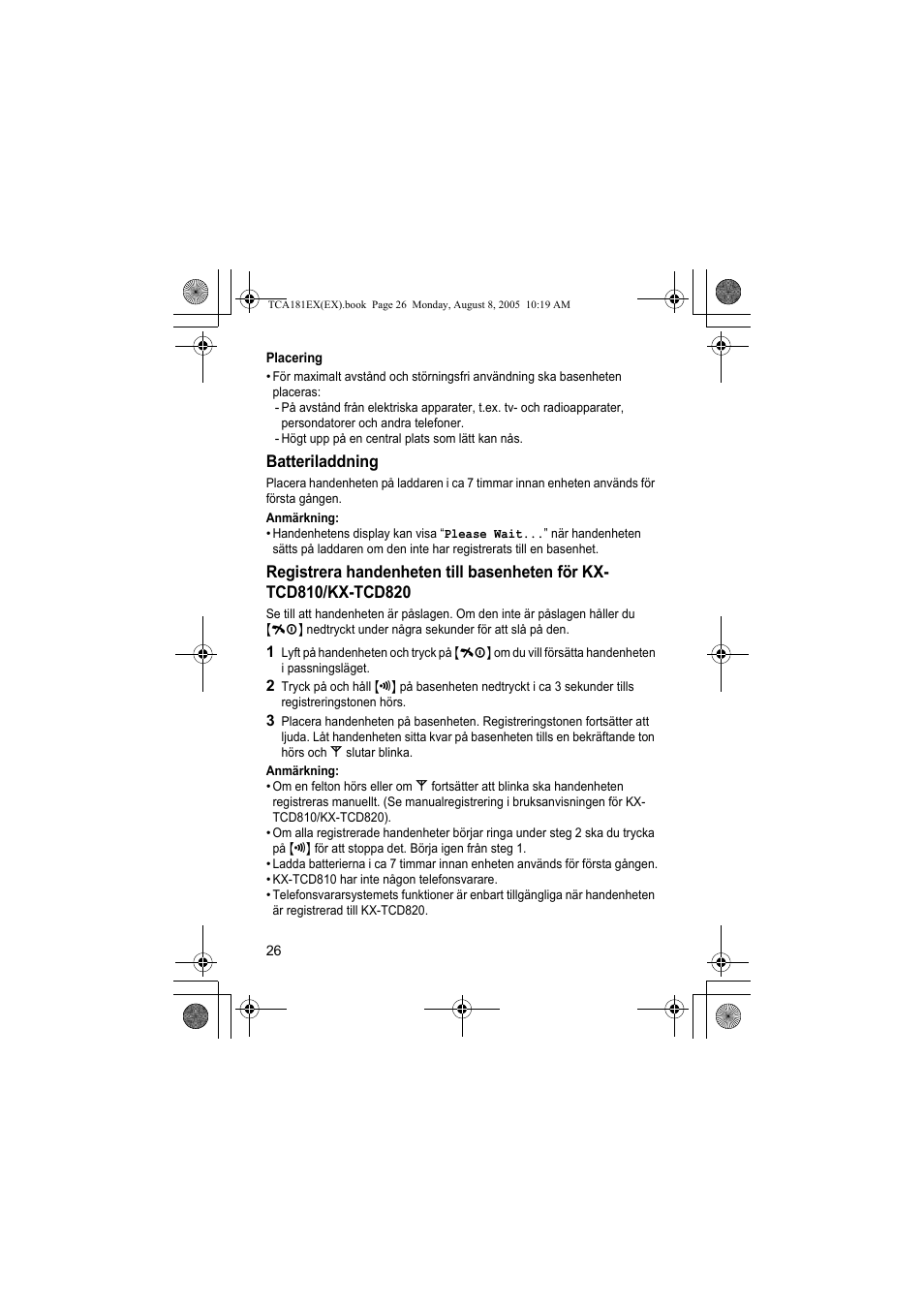 Batteriladdning | Panasonic KXTCA181EX User Manual | Page 26 / 72